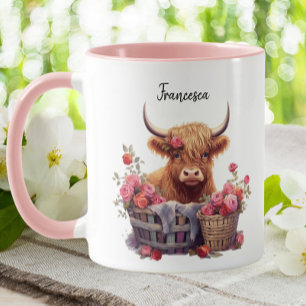 Mug Jolie Vache Highland Rose Pastel Aquarelle Florale
