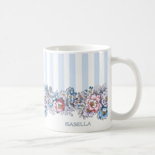 Mug Jolies fleurs et bandes roses et bleues avec nom