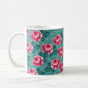 Mug Jolies roses roses et motif à pois sur sarcelle