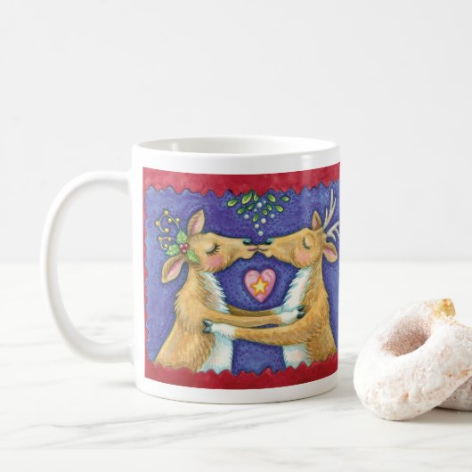 Mug Jolis rennes de Noël, baiser romantique avec du gu (Avec donut)