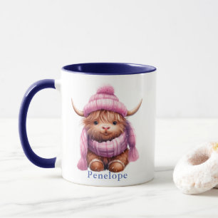 Mug Jouer la neige personnalisée Highland Cow Rose/Blu