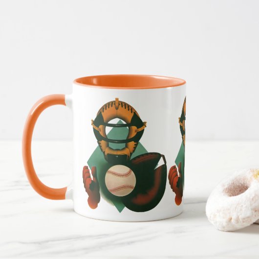 Mug Joueur de baseball vintage, Catcher avec Mitt (Avec donut)