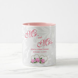 Mug Jour de mariage Damassé Cœurs de perle et roses