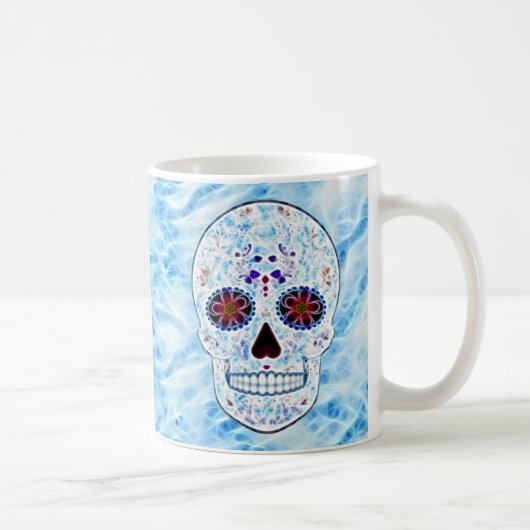 Mug Jour du crâne mort de sucre - fractale de bleus (Droite)