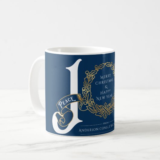 Mug Joy Peace Love Blue Gold Entreprise Cadeau de Noël (Devant gauche)