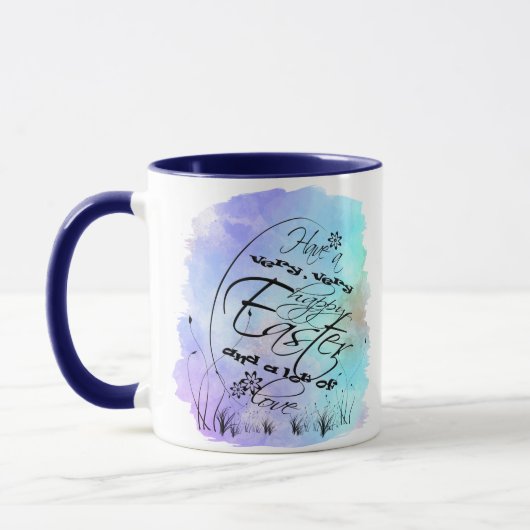 Mug Joyeuse calligraphie bleu de Pâques violet (Gauche)