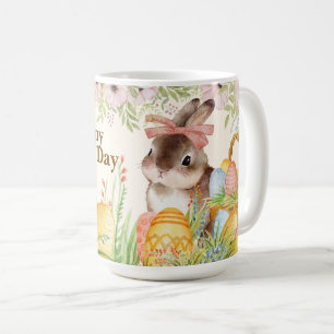 Mug Joyeuse fête de Pâques au lavis floral Lapin au nœ