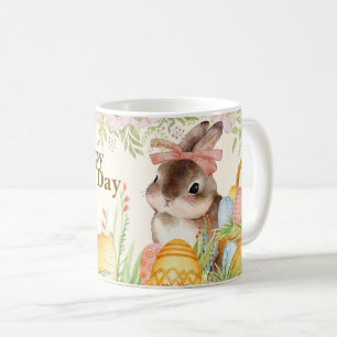 Mug Joyeuse fête de Pâques au lavis floral Lapin au nœ