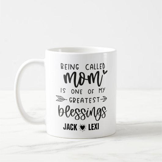 Mug Joyeuse fête des mères avec 2 noms d'enfants (Gauche)