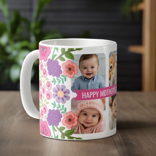 Mug Joyeuse fête des mères Custom 4 Photo Collage Fleu