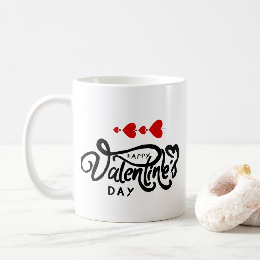 Mug Joyeuse Saint-Valentin calligraphie Cœurs Rouges F (Avec donut)
