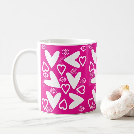 Mug Joyeuse Saint-Valentin Cœurs Blancs (Avec donut)
