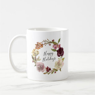 Mug Joyeuses Fêtes Couronne Florale Aquarelle
