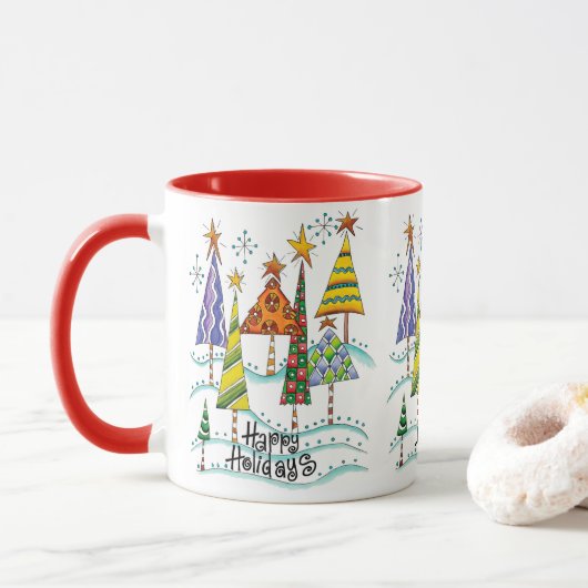 Mug Joyeuses Fêtes ! Jolis Arbres de Noël avec Étoiles (Avec donut)
