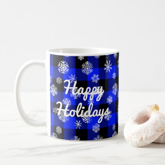 Mug Joyeuses fêtes l Snowflakes Blue Buffalo Plaid (Avec donut)