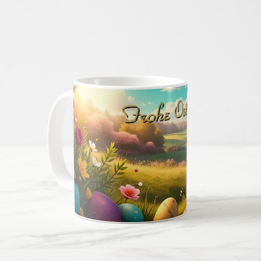 Mug Joyeuses Pâques dans un paysage printanier (Devant gauche)
