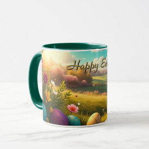 Mug Joyeuses Pâques dans un paysage printanier
