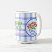Mug Joyeuses Pâques Tulipes Aquarelle Bleu Vichy (Devant droit)