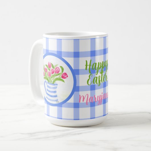 Mug Joyeuses Pâques Tulipes Aquarelle Bleu Vichy (Devant gauche)