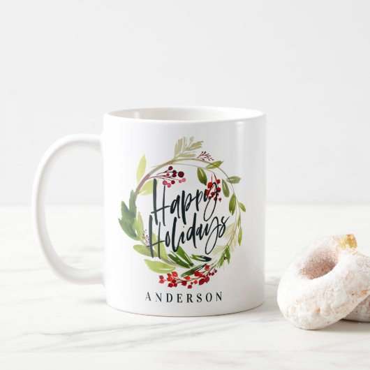 Mug Joyeuses vacances aquarelle fleurie vacances (Avec donut)
