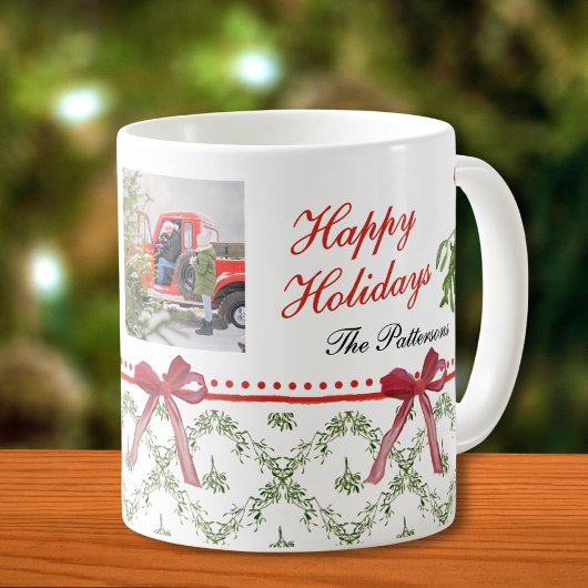 Mug Joyeuses vacances Mistletoe Red Bow Family Photo