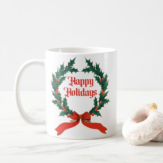 Mug Joyeuses vacances Vintage Holly Noël Wreath (Avec donut)