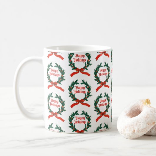 Mug Joyeuses vacances Vintage Holly Noël Wreath (Avec donut)