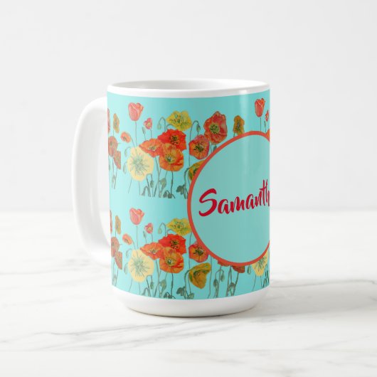 Mug Joyeux Anniversaire aqua Orange Poppy Womans Nom M (Devant gauche)
