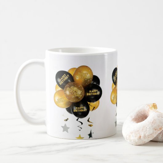 Mug Joyeux Anniversaire Ballons Noir Or (Avec donut)