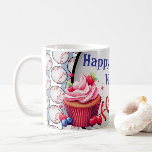 Mug Joyeux Anniversaire Baseball rayé bleu et blanc (Avec donut)