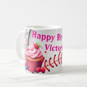 Mug Joyeux Anniversaire Baseball rayé rose et blanc (Devant gauche)