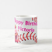 Mug Joyeux Anniversaire Baseball rayé rose et blanc (Centre)