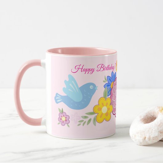 Mug Joyeux anniversaire Fleurs sauvages Jardin Oiseaux (Avec donut)