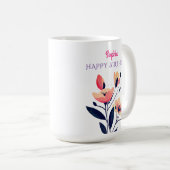 Mug Joyeux Anniversaire, Nom, Fleurs, Blanc (Devant droit)