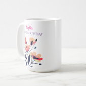 Mug Joyeux Anniversaire, Nom, Fleurs, Blanc (Devant gauche)