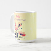 Mug Joyeux Anniversaire, Nom, Fleurs sur Fond Doré Dég (Devant gauche)