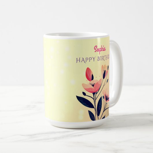 Mug Joyeux Anniversaire, Nom, Fleurs sur Or Gradient (Devant droit)