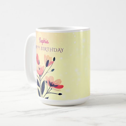 Mug Joyeux Anniversaire, Nom, Fleurs sur Or Gradient (Devant gauche)