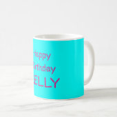 Mug Joyeux Anniversaire Nom rose turquoise (Devant droit)