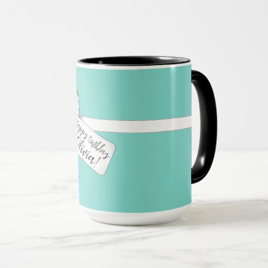 Mug "Joyeux anniversaire, [Nom] !" Style Tiffany (Devant droit)