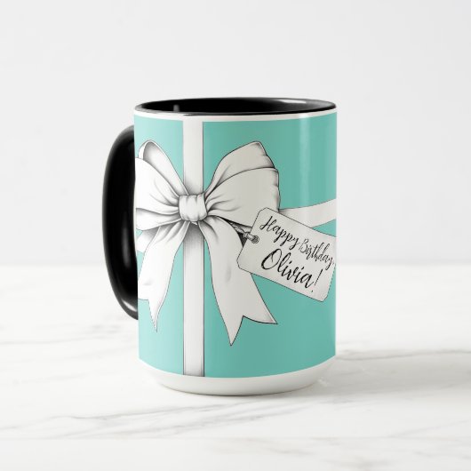 Mug "Joyeux anniversaire, [Nom] !" Style Tiffany (Devant gauche)