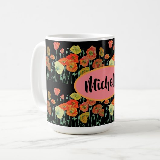 Mug Joyeux anniversaire Pavot floral Orange dames Nom  (Devant gauche)