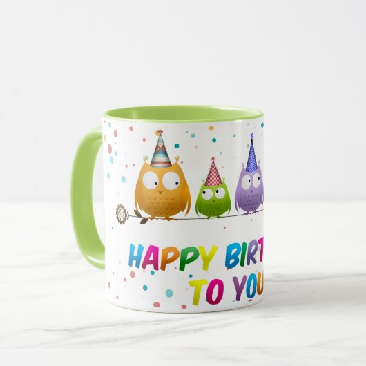 Mug Joyeux Anniversaire pour vous, Chouettes, (Devant gauche)