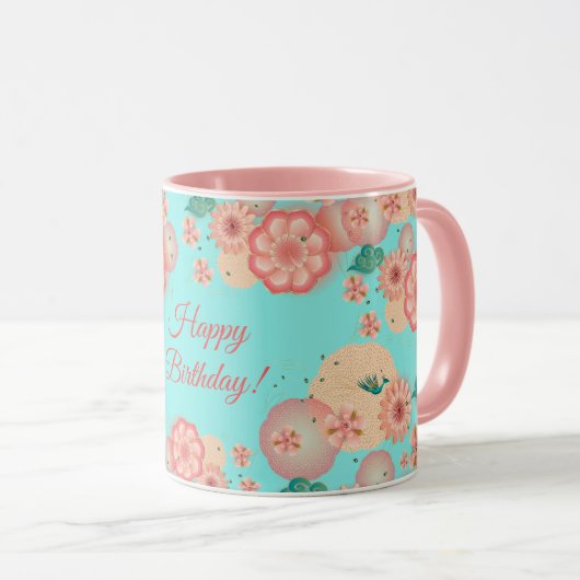 Mug Joyeux Anniversaire Printemps Fleurs de Pêche Moti (Devant droit)