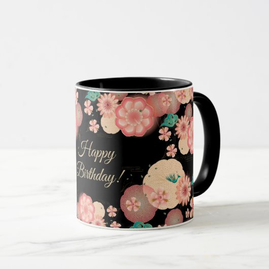 Mug Joyeux Anniversaire Printemps Fleurs de Pêche Moti (Devant droit)