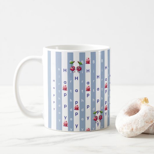Mug Joyeux Anniversaire Rayure Bleue & Blanche (Avec donut)