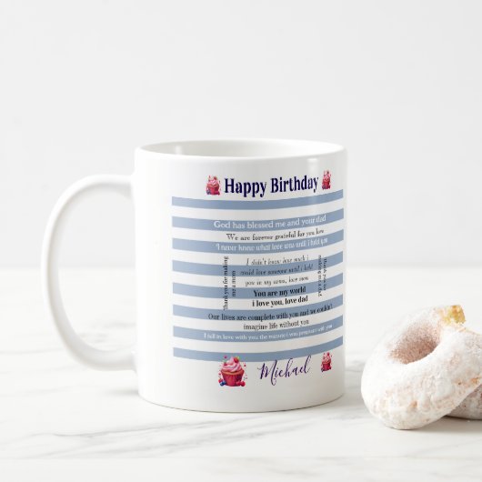 Mug Joyeux Anniversaire Rayure Bleue et Blanche (Avec donut)