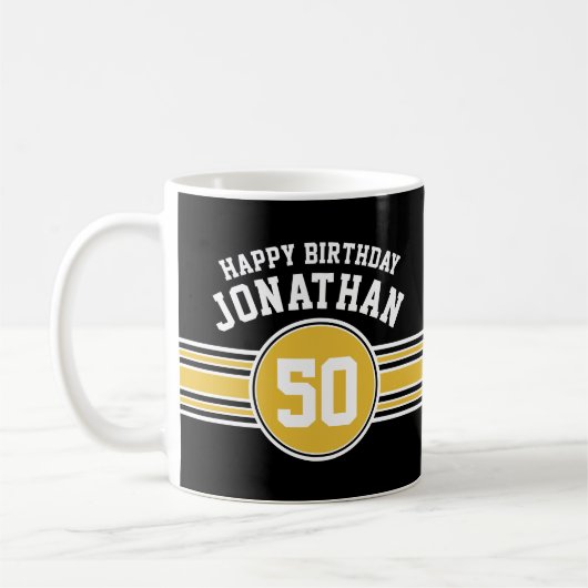 Mug Joyeux Anniversaire Sports Stripes avec Age Gold B (Gauche)
