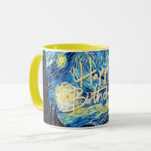 Mug Joyeux anniversaire, Starry Night art, (Devant gauche)