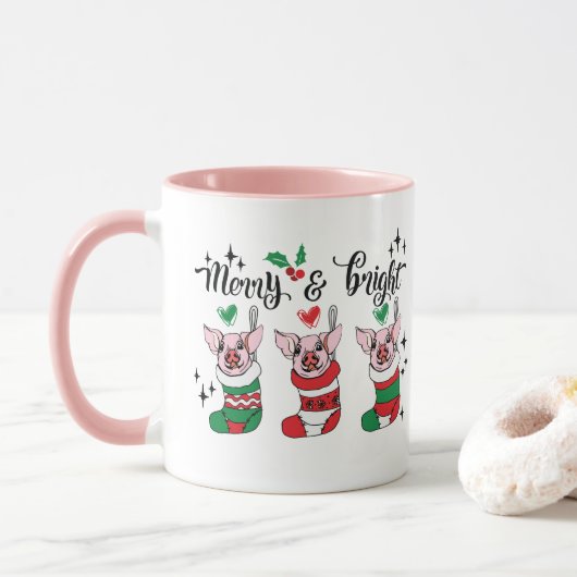 Mug Joyeux Bright ajouter monogramme porc Noël (Avec donut)